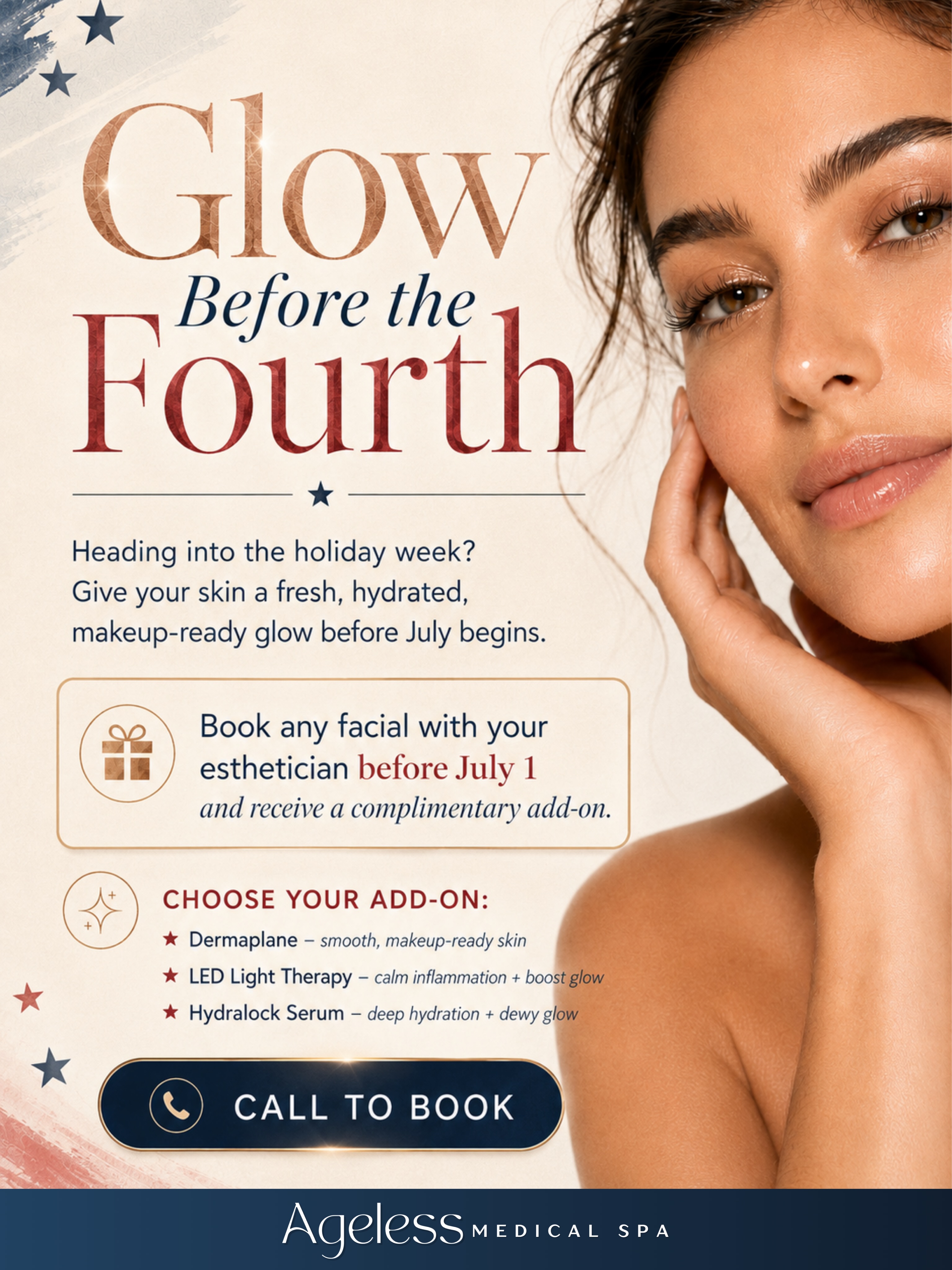 Your pre-holiday glow starts here✨ Book any facial before July 1st and receive a complementary add-on of your choice🫶 Limited openings are available. Call or DM us today to reserve yours!