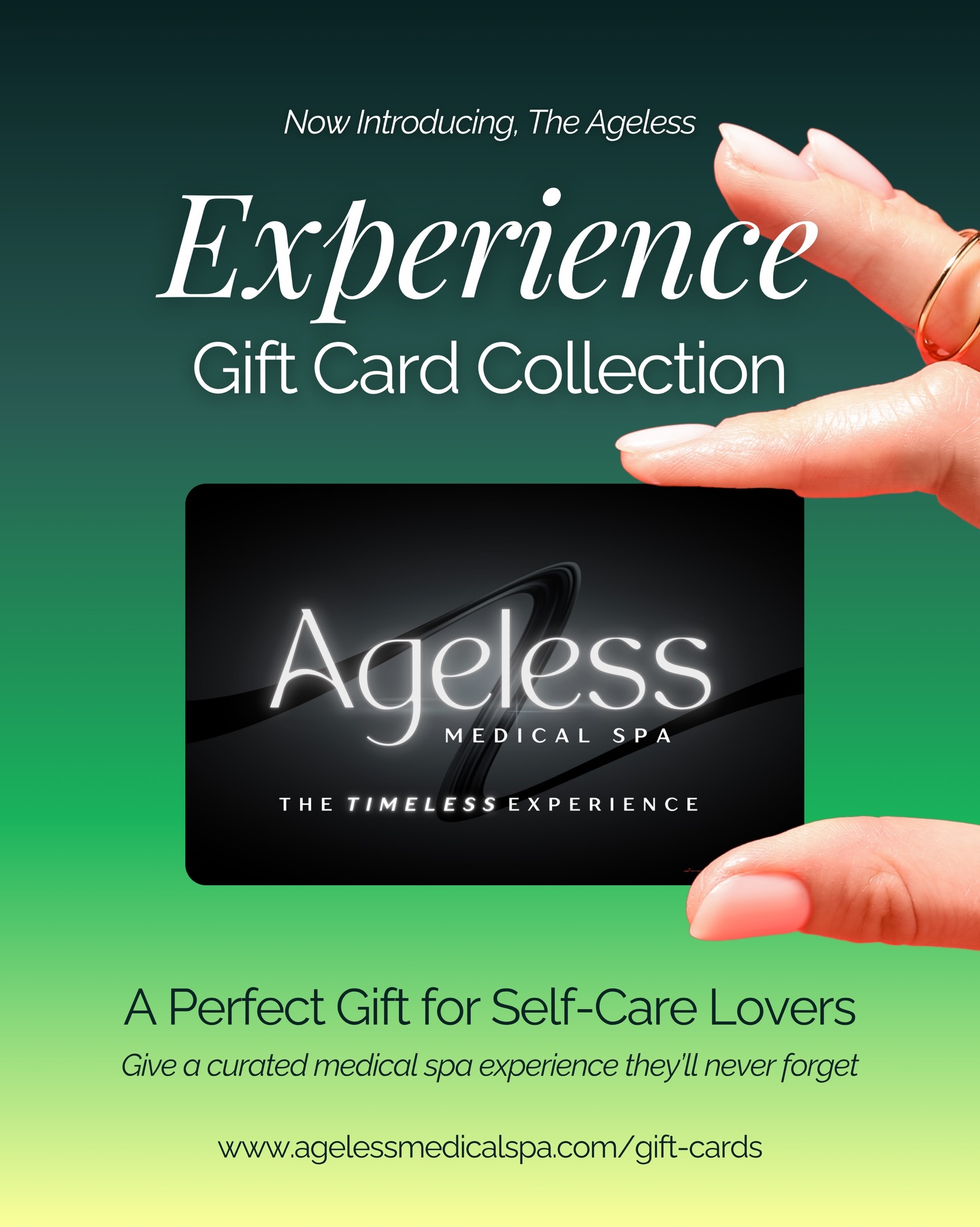 Some gifts are opened, others are experienced. Introducing Ageless Experience Gift Cards ~ the most elegant way to gift self-care✨ Each experience card includes a complimentary upgrade for a little extra indulgence. Call or visit our website today to purchase🎁