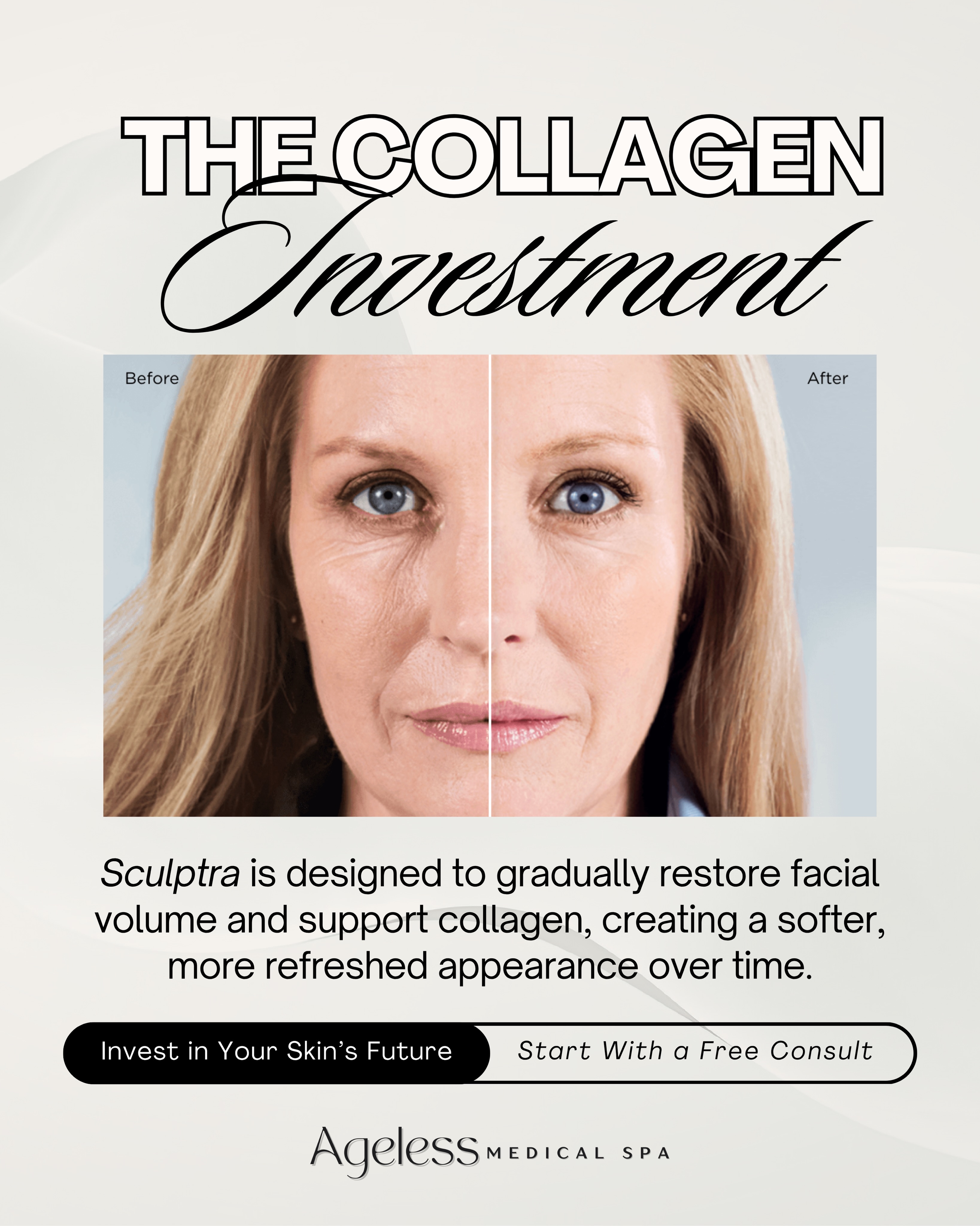 Your collagen is worth investing in✨ If you’ve been noticing volume loss, skin laxity, or more “tired“ appearance, Sculptra may be a beautiful option to explore. Book a complimentary consultation with Ageless today to learn more📞